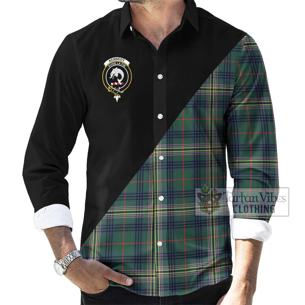 Kennedy Modern Tartan Long Sleeve Button Shirt with Family Crest and Military Logo Style - Tartanvibesclothing Shop