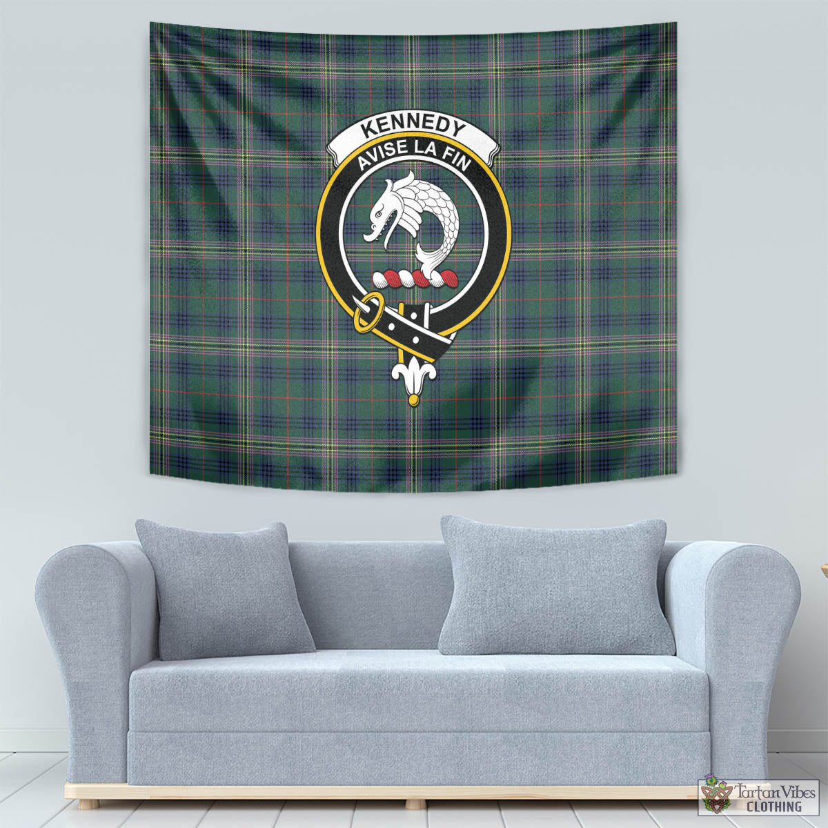 Tartan Vibes Clothing Kennedy Modern Tartan Tapestry Wall Hanging and Home Decor for Room with Family Crest