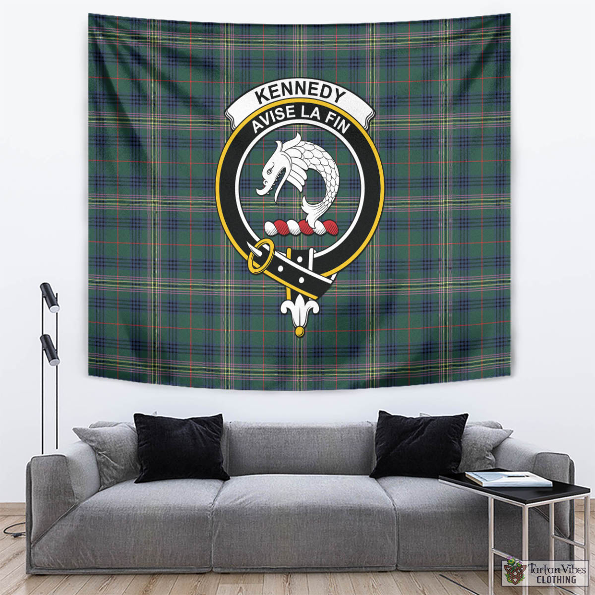 Tartan Vibes Clothing Kennedy Modern Tartan Tapestry Wall Hanging and Home Decor for Room with Family Crest