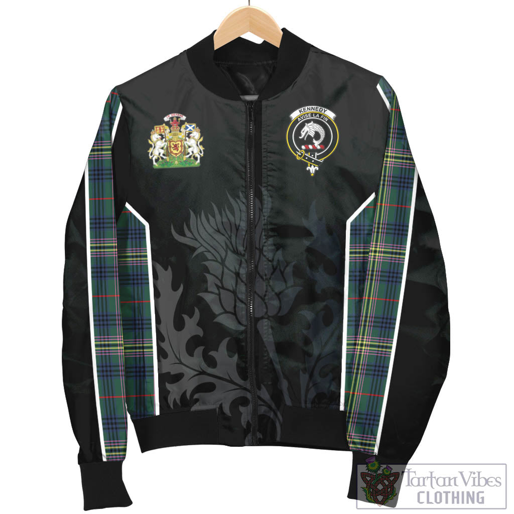 Tartan Vibes Clothing Kennedy Modern Tartan Bomber Jacket with Family Crest and Scottish Thistle Vibes Sport Style