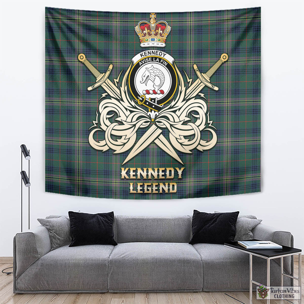 Tartan Vibes Clothing Kennedy Modern Tartan Tapestry with Clan Crest and the Golden Sword of Courageous Legacy