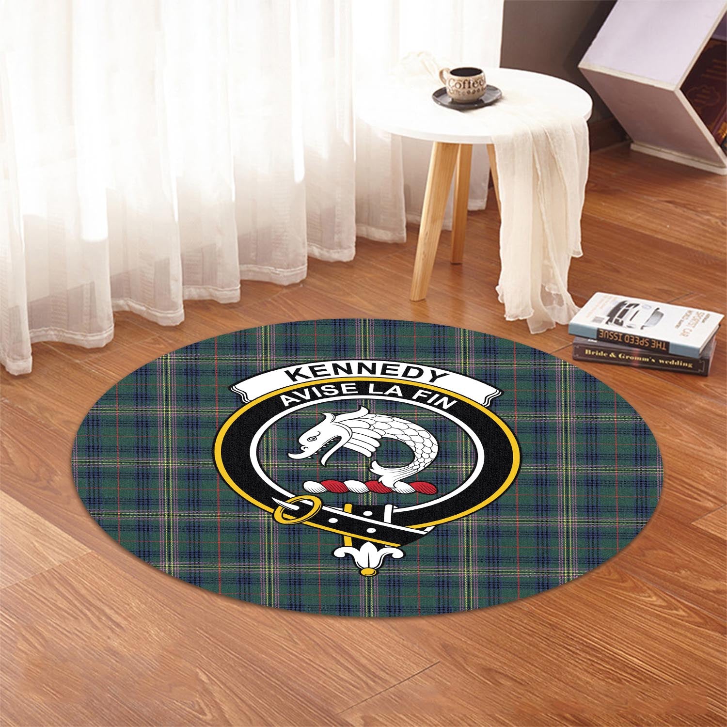 kennedy-modern-tartan-round-rug-with-family-crest