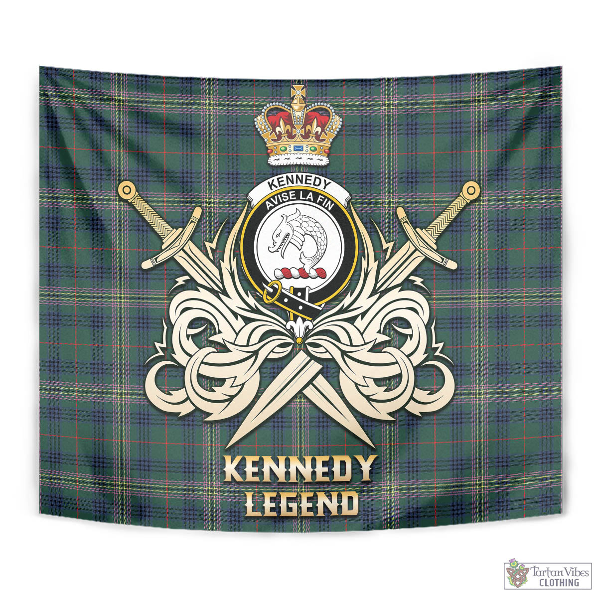 Tartan Vibes Clothing Kennedy Modern Tartan Tapestry with Clan Crest and the Golden Sword of Courageous Legacy