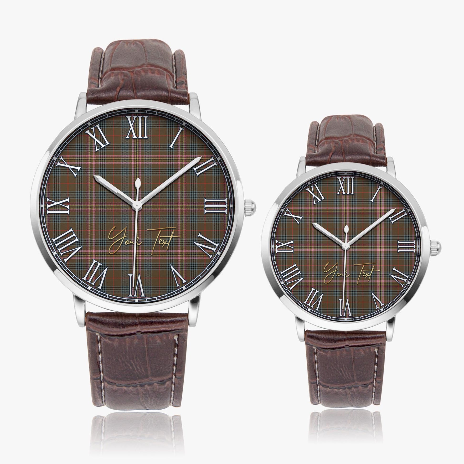 Kennedy Weathered Tartan Personalized Your Text Leather Trap Quartz Watch Ultra Thin Silver Case With Brown Leather Strap - Tartanvibesclothing