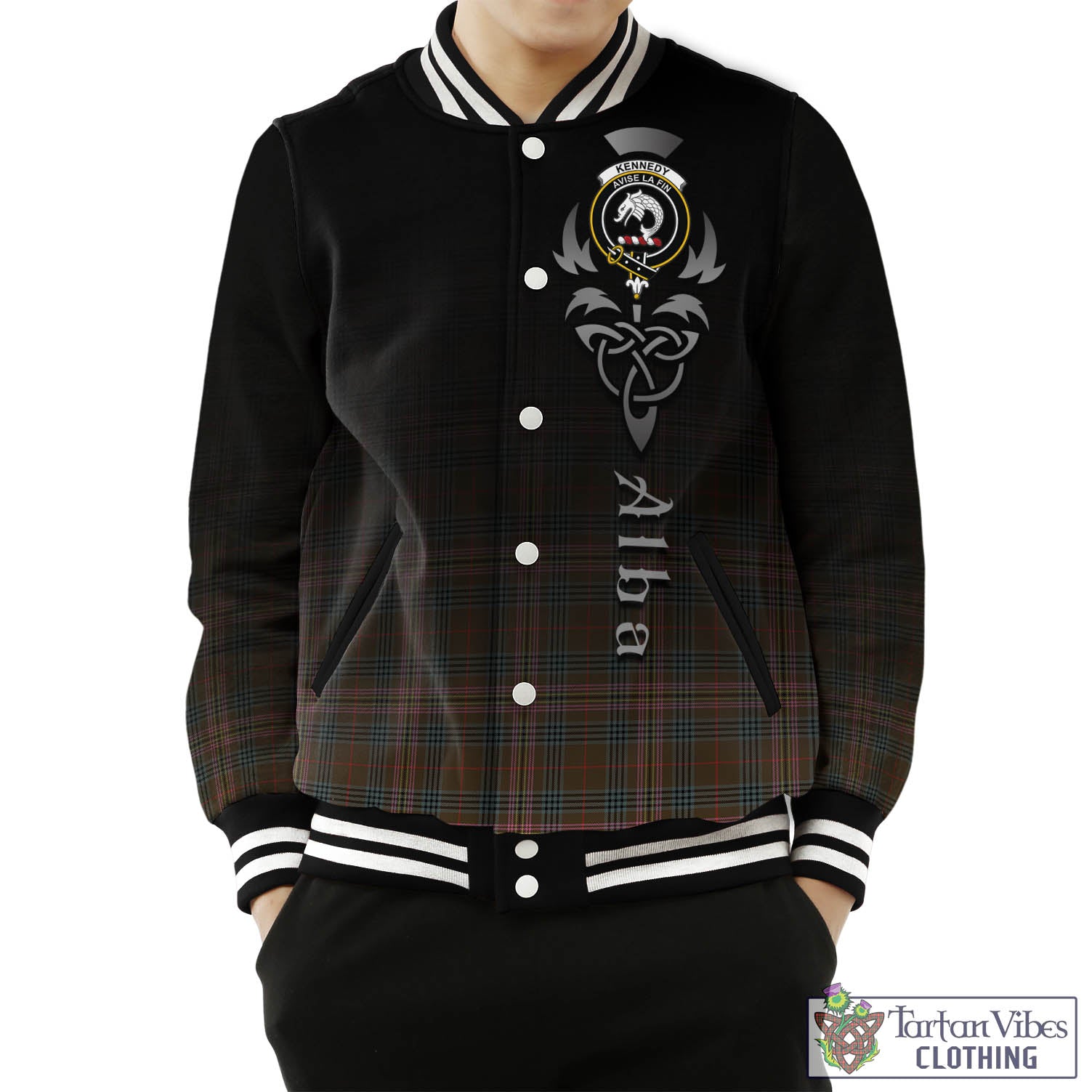 Tartan Vibes Clothing Kennedy Weathered Tartan Baseball Jacket Featuring Alba Gu Brath Family Crest Celtic Inspired