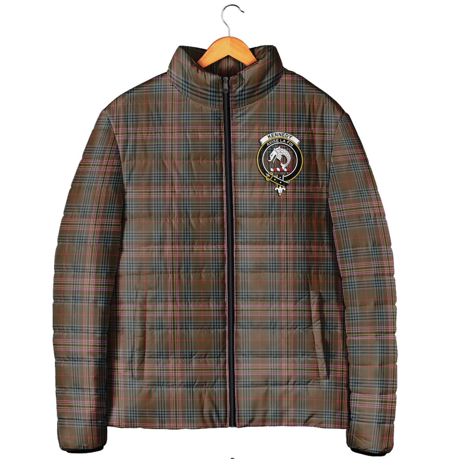 Kennedy Weathered Tartan Padded Jacket with Family Crest Men's Padded Jacket - Tartan Vibes Clothing