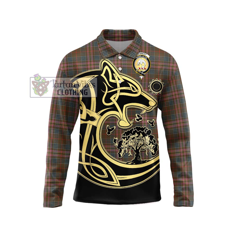 Kennedy Weathered Tartan Long Sleeve Polo Shirt with Family Crest Celtic Wolf Style Unisex - Tartanvibesclothing Shop