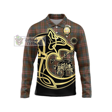 Kennedy Weathered Tartan Long Sleeve Polo Shirt with Family Crest Celtic Wolf Style