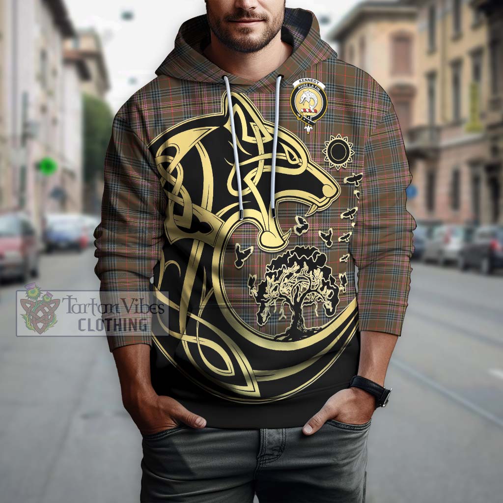 Tartan Vibes Clothing Kennedy Weathered Tartan Hoodie with Family Crest Celtic Wolf Style