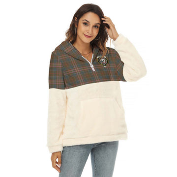 Kennedy Weathered Tartan Women's Borg Fleece Hoodie With Half Zip with Family Crest