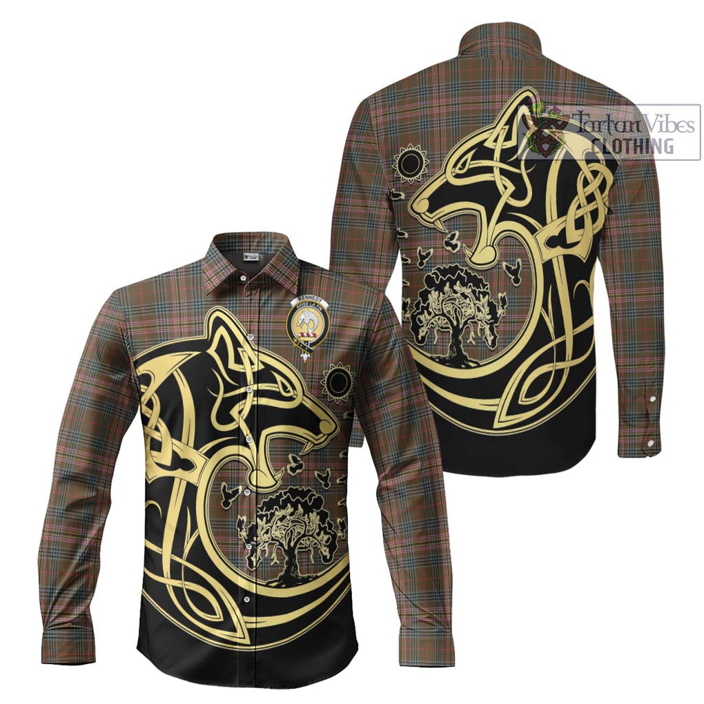 Kennedy Weathered Tartan Long Sleeve Button Shirt with Family Crest Celtic Wolf Style Men's Shirt S - Tartan Vibes Clothing