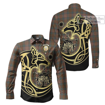 Kennedy Weathered Tartan Long Sleeve Button Shirt with Family Crest Celtic Wolf Style