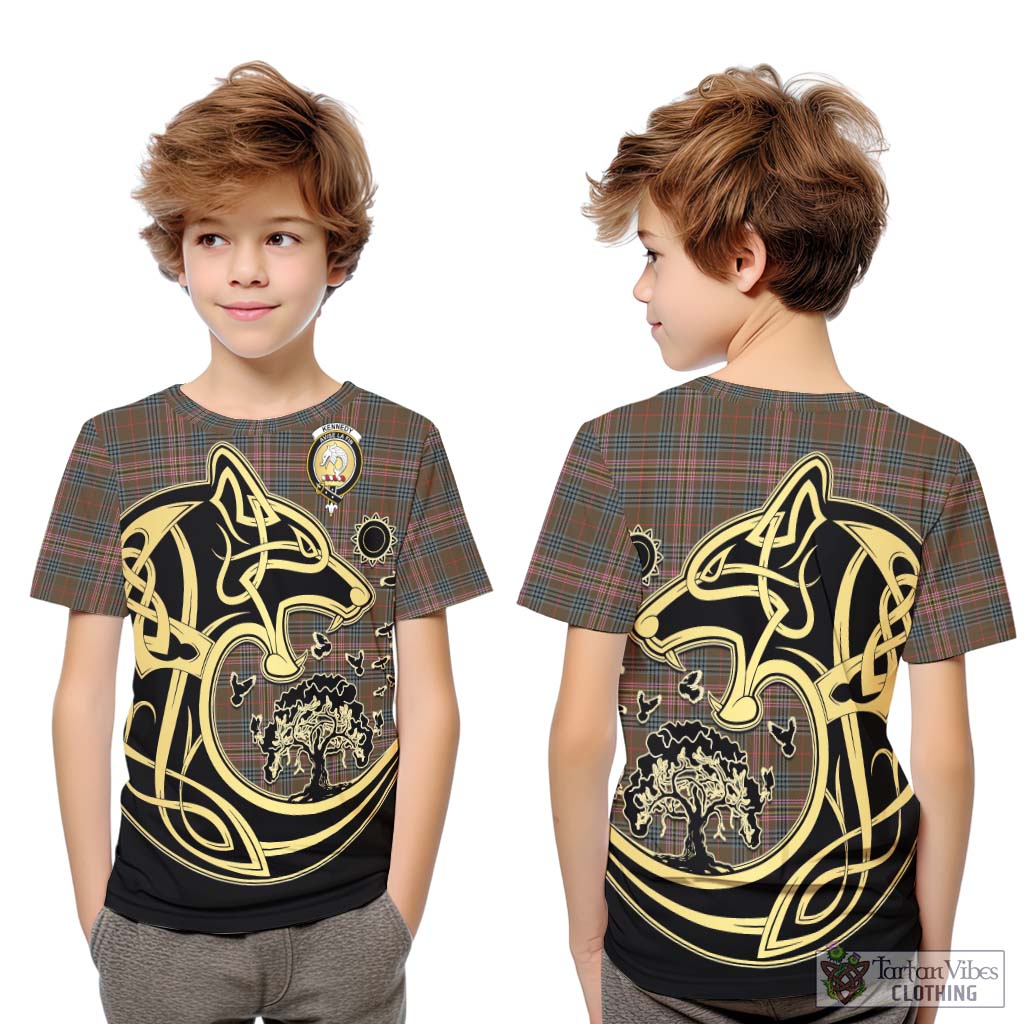 Tartan Vibes Clothing Kennedy Weathered Tartan Kid T-Shirt with Family Crest Celtic Wolf Style