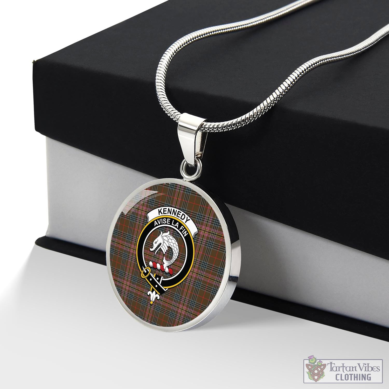 Tartan Vibes Clothing Kennedy Weathered Tartan Circle Necklace with Family Crest