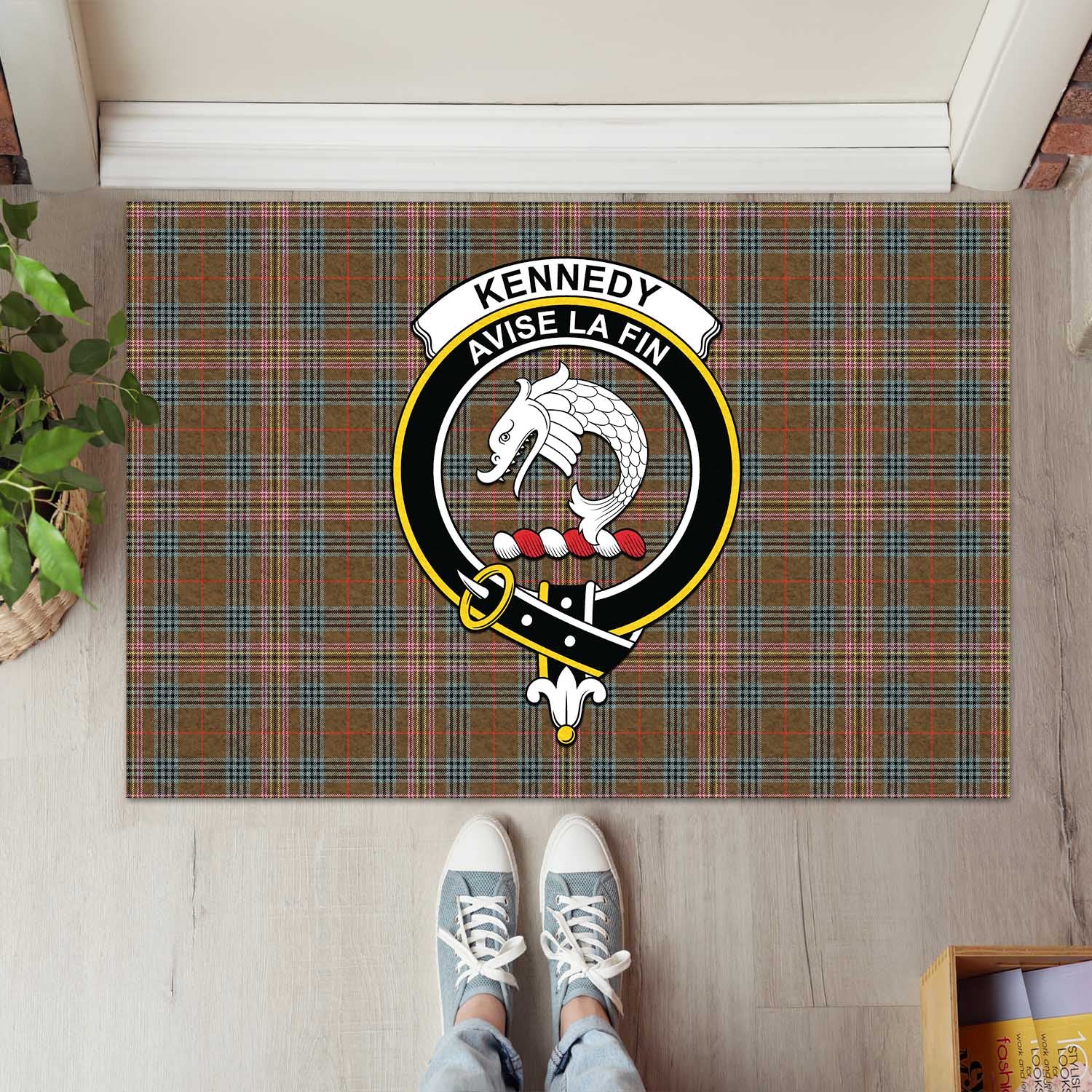 Kennedy Weathered Tartan Door Mat with Family Crest - Tartanvibesclothing