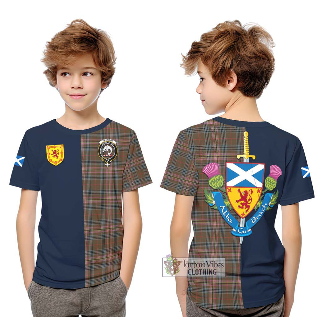 Tartan Vibes Clothing Kennedy Weathered Tartan Kid T-Shirt with Scottish Lion Royal Arm Half Style