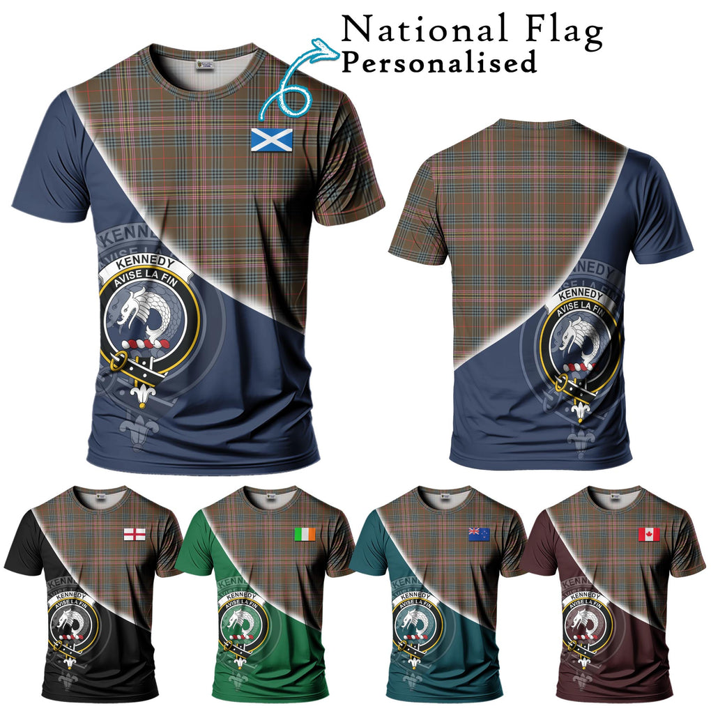 Kennedy Weathered Tartan T-Shirt with Personalised National Flag and Family Crest Half Style Kid's Shirt - Tartanvibesclothing Shop