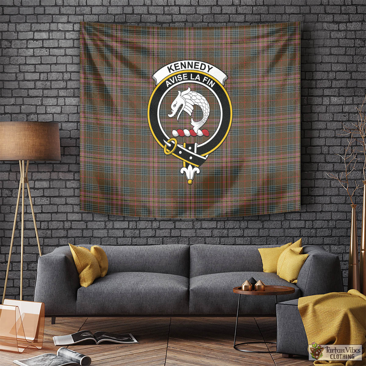 Tartan Vibes Clothing Kennedy Weathered Tartan Tapestry Wall Hanging and Home Decor for Room with Family Crest