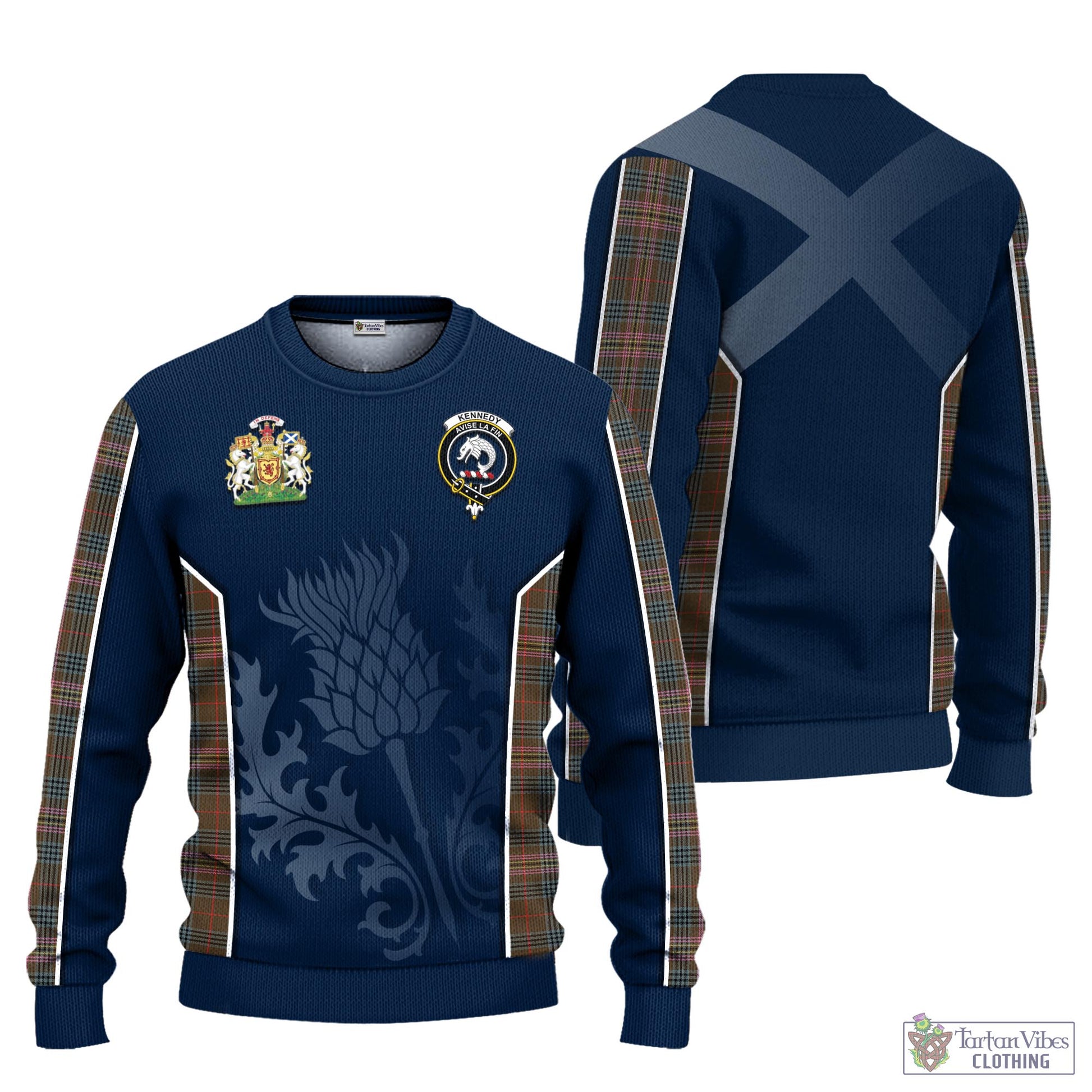 Tartan Vibes Clothing Kennedy Weathered Tartan Knitted Sweatshirt with Family Crest and Scottish Thistle Vibes Sport Style