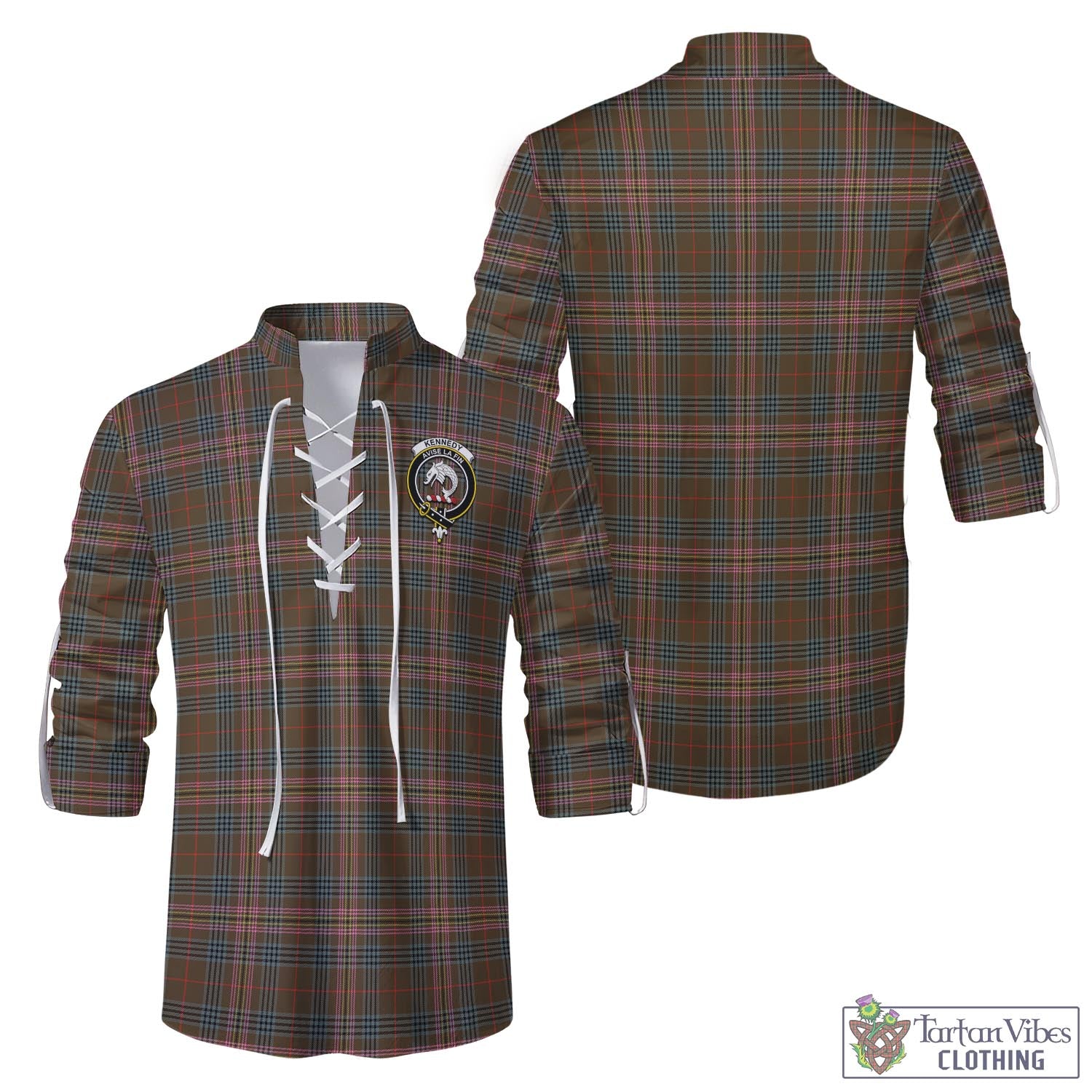 Tartan Vibes Clothing Kennedy Weathered Tartan Men's Scottish Traditional Jacobite Ghillie Kilt Shirt with Family Crest