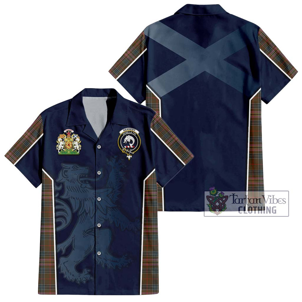 Kennedy Weathered Tartan Short Sleeve Button Shirt with Family Crest and Lion Rampant Vibes Sport Style Kid - Tartan Vibes Clothing