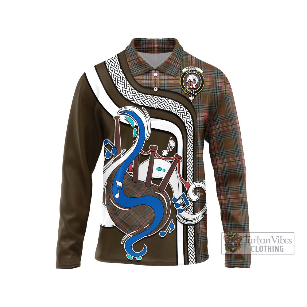 Tartan Vibes Clothing Kennedy Weathered Tartan Long Sleeve Polo Shirt with Epic Bagpipe Style