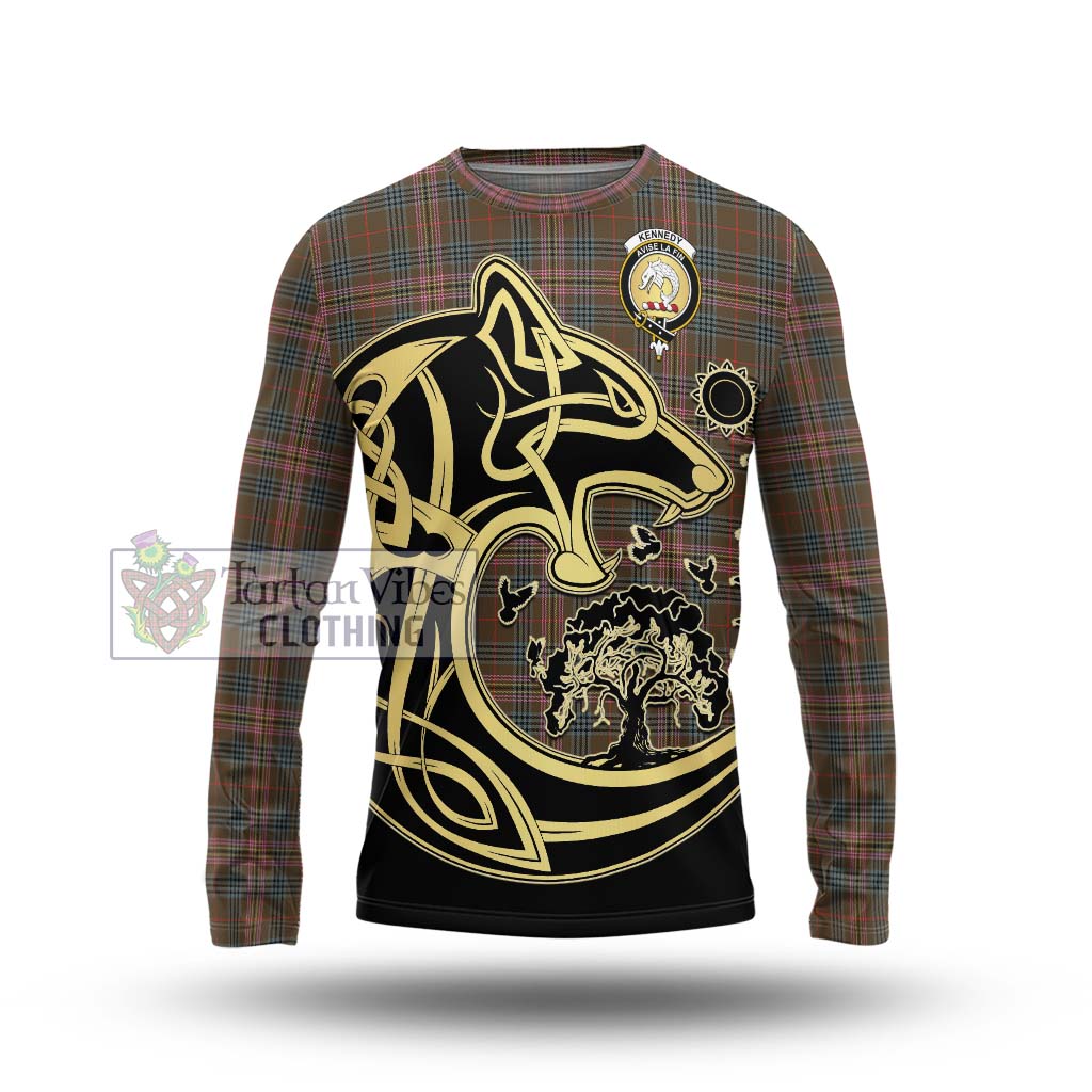 Tartan Vibes Clothing Kennedy Weathered Tartan Long Sleeve T-Shirt with Family Crest Celtic Wolf Style