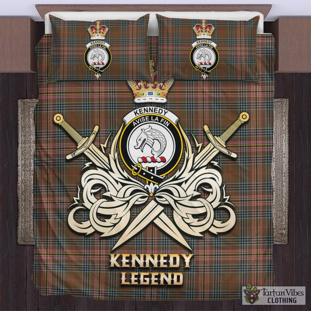 Tartan Vibes Clothing Kennedy Weathered Tartan Bedding Set with Clan Crest and the Golden Sword of Courageous Legacy