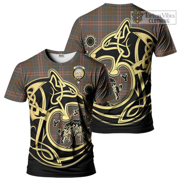 Kennedy Weathered Tartan T-Shirt with Family Crest Celtic Wolf Style