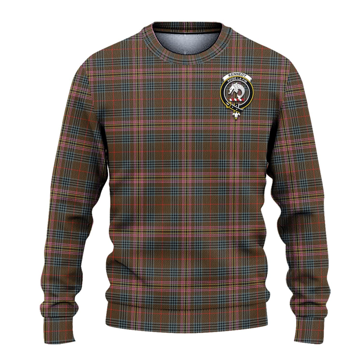 Kennedy Weathered Tartan Knitted Sweater with Family Crest - Tartanvibesclothing