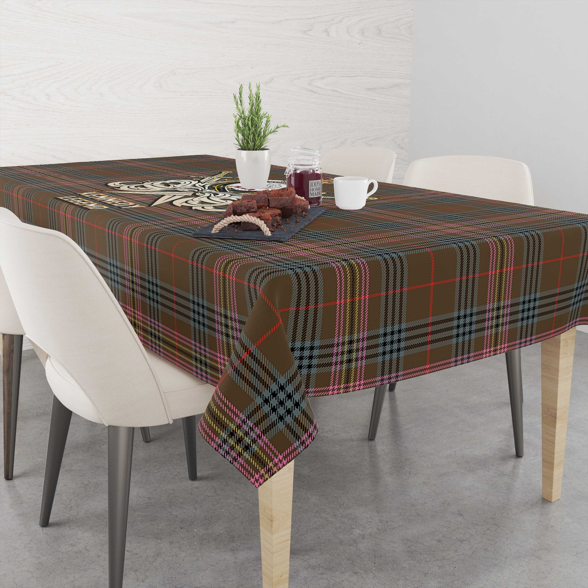 Tartan Vibes Clothing Kennedy Weathered Tartan Tablecloth with Clan Crest and the Golden Sword of Courageous Legacy