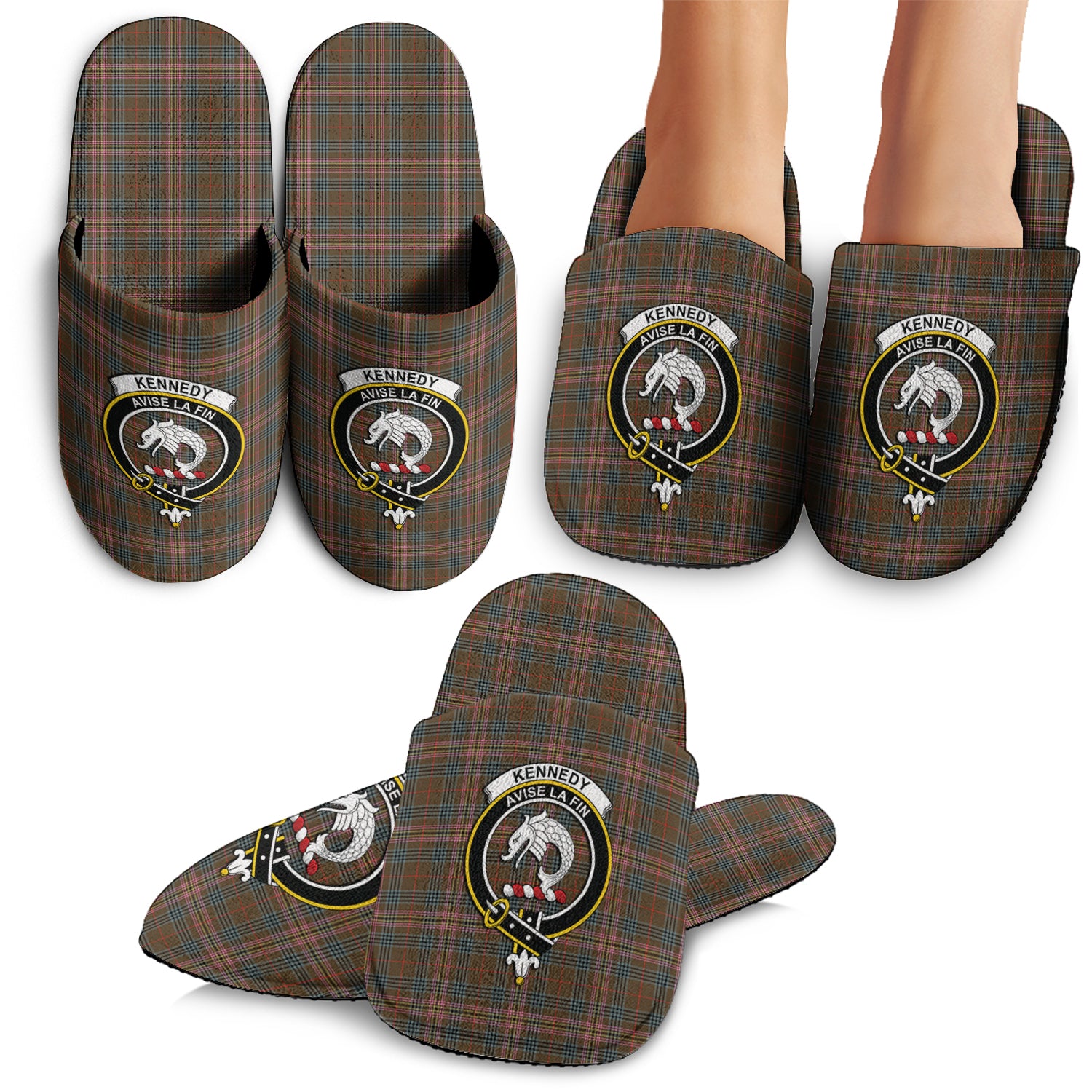 Kennedy Weathered Tartan Home Slippers with Family Crest - Tartanvibesclothing