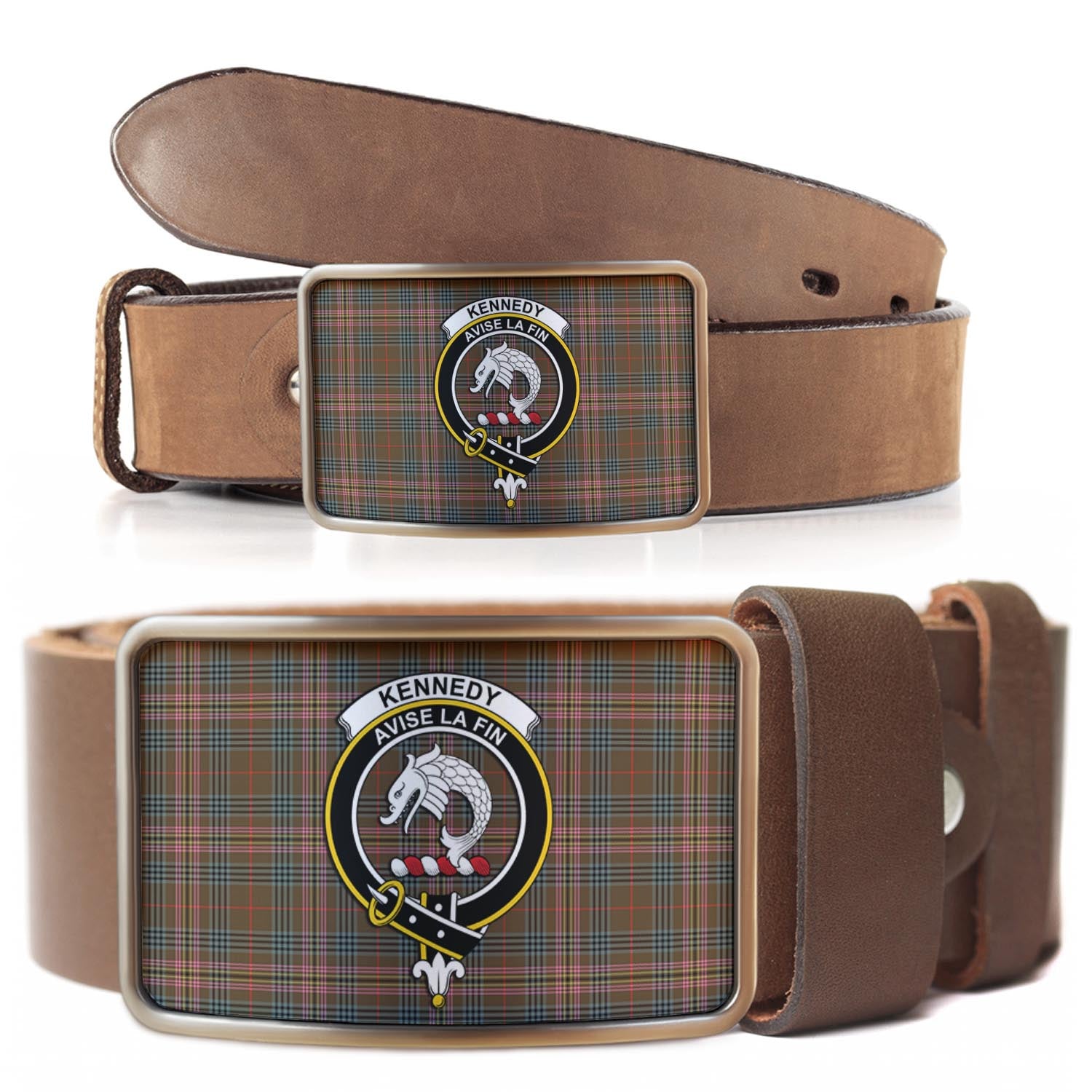 Kennedy Weathered Tartan Belt Buckles with Family Crest - Tartanvibesclothing