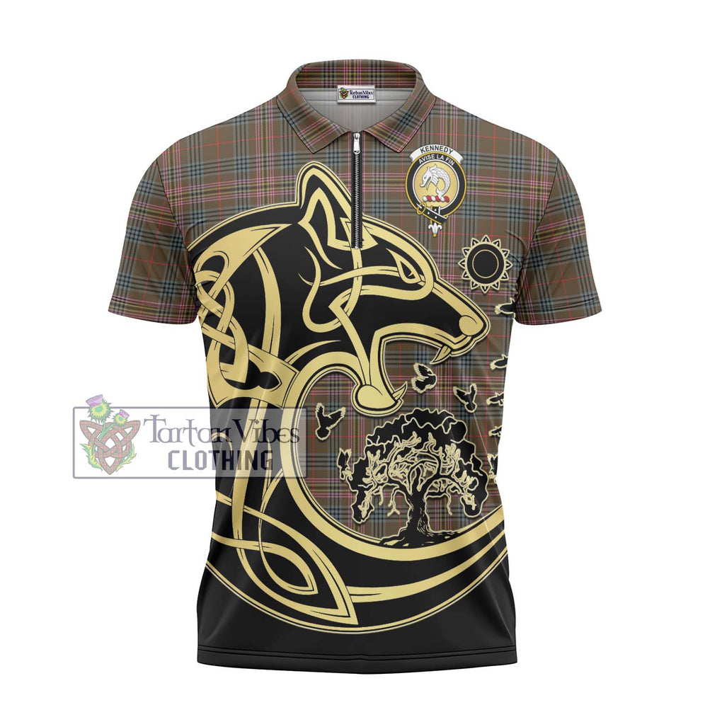 Kennedy Weathered Tartan Zipper Polo Shirt with Family Crest Celtic Wolf Style - Tartanvibesclothing Shop