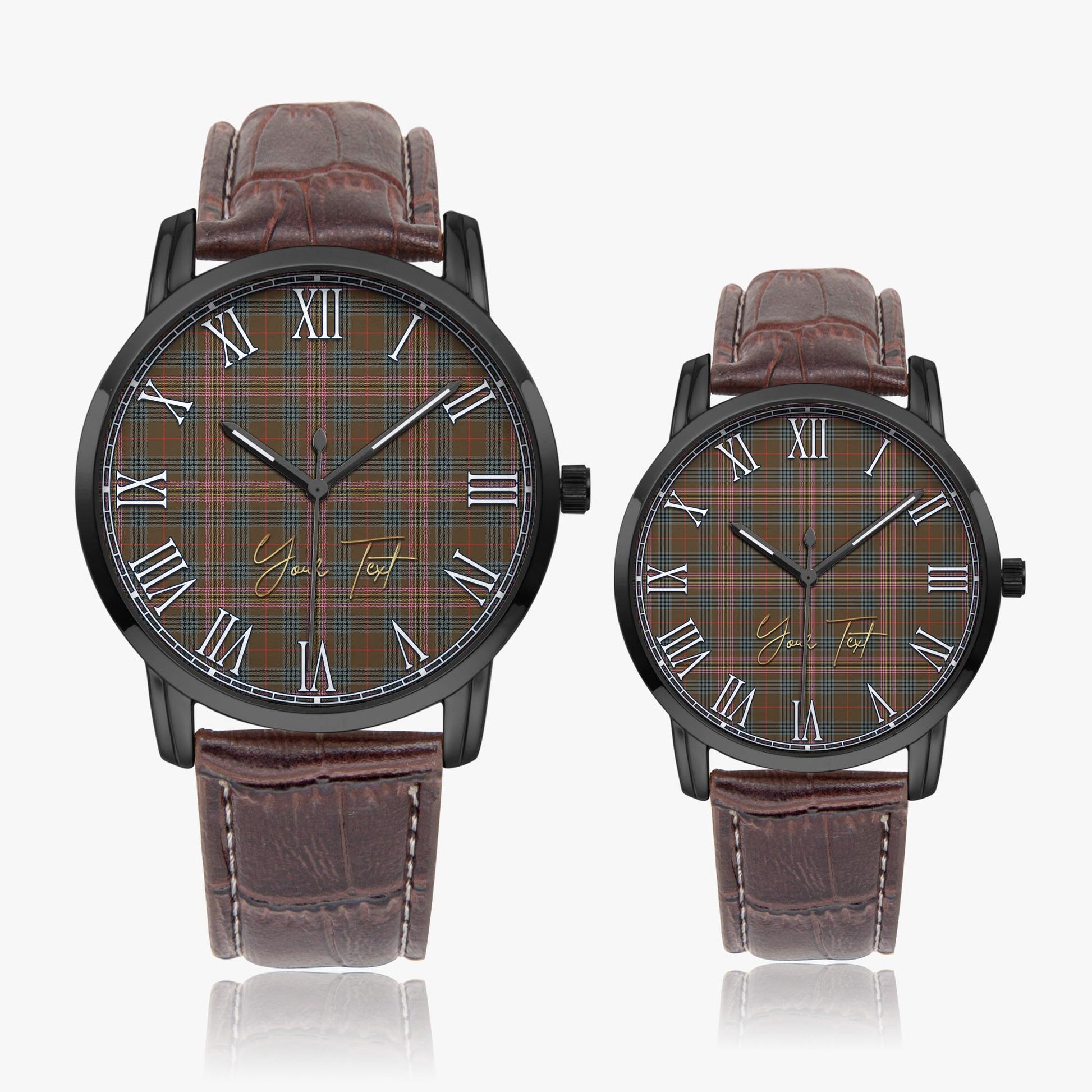 Kennedy Weathered Tartan Personalized Your Text Leather Trap Quartz Watch Wide Type Black Case With Brown Leather Strap - Tartanvibesclothing