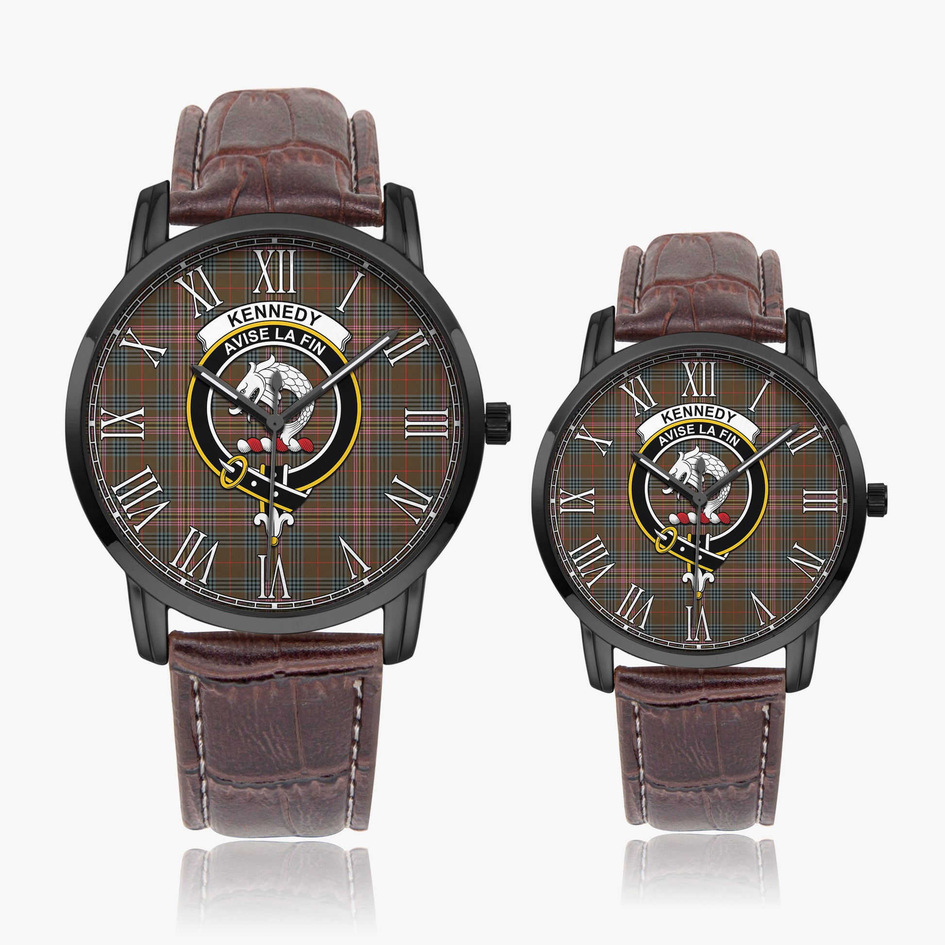 Kennedy Weathered Tartan Family Crest Leather Strap Quartz Watch - Tartanvibesclothing