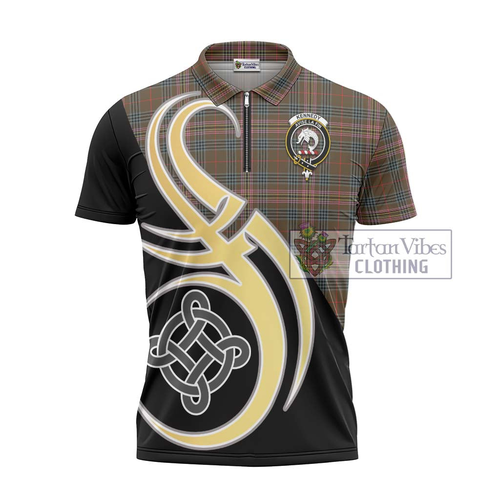 Tartan Vibes Clothing Kennedy Weathered Tartan Zipper Polo Shirt with Family Crest and Celtic Symbol Style