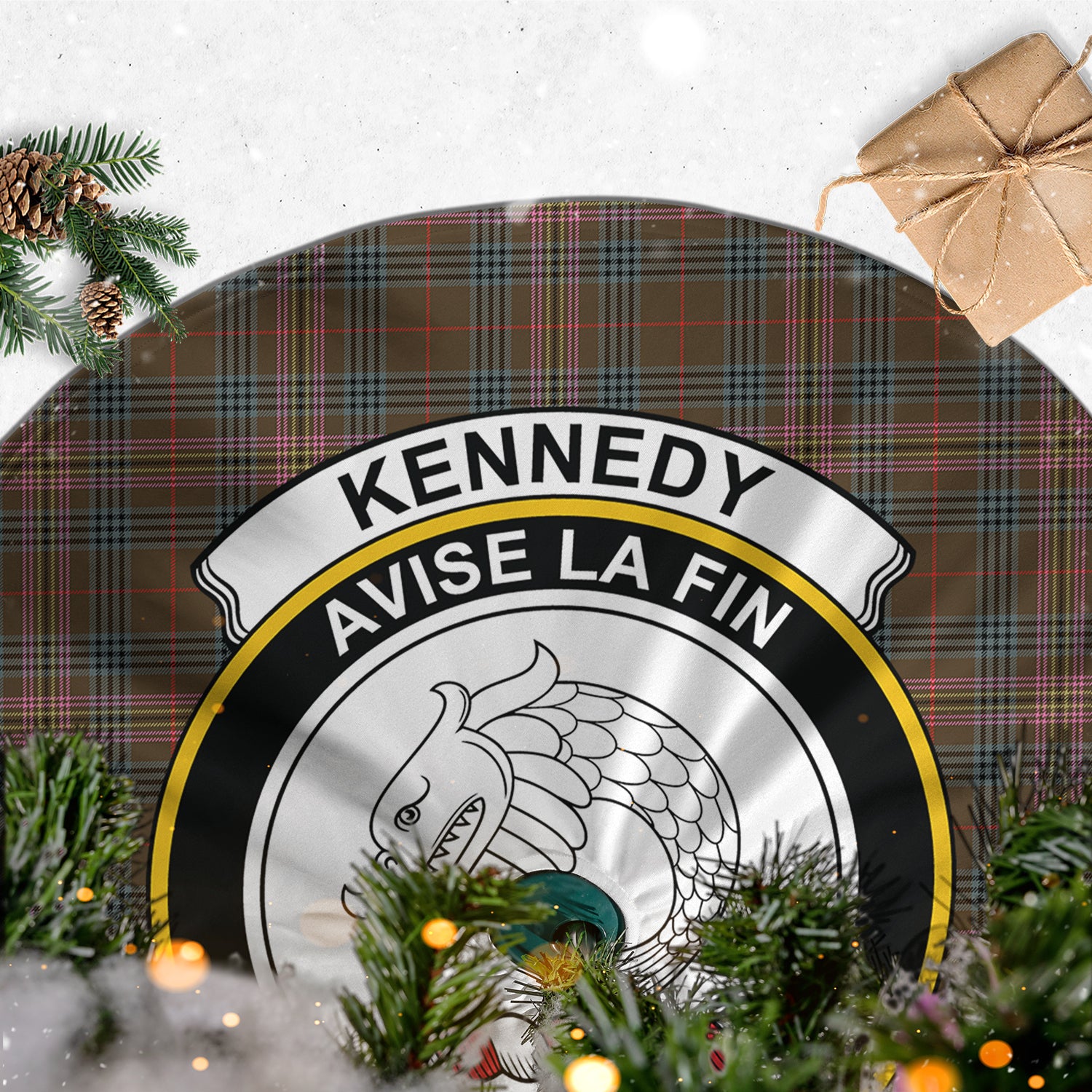 Kennedy Weathered Tartan Christmas Tree Skirt with Family Crest - Tartanvibesclothing