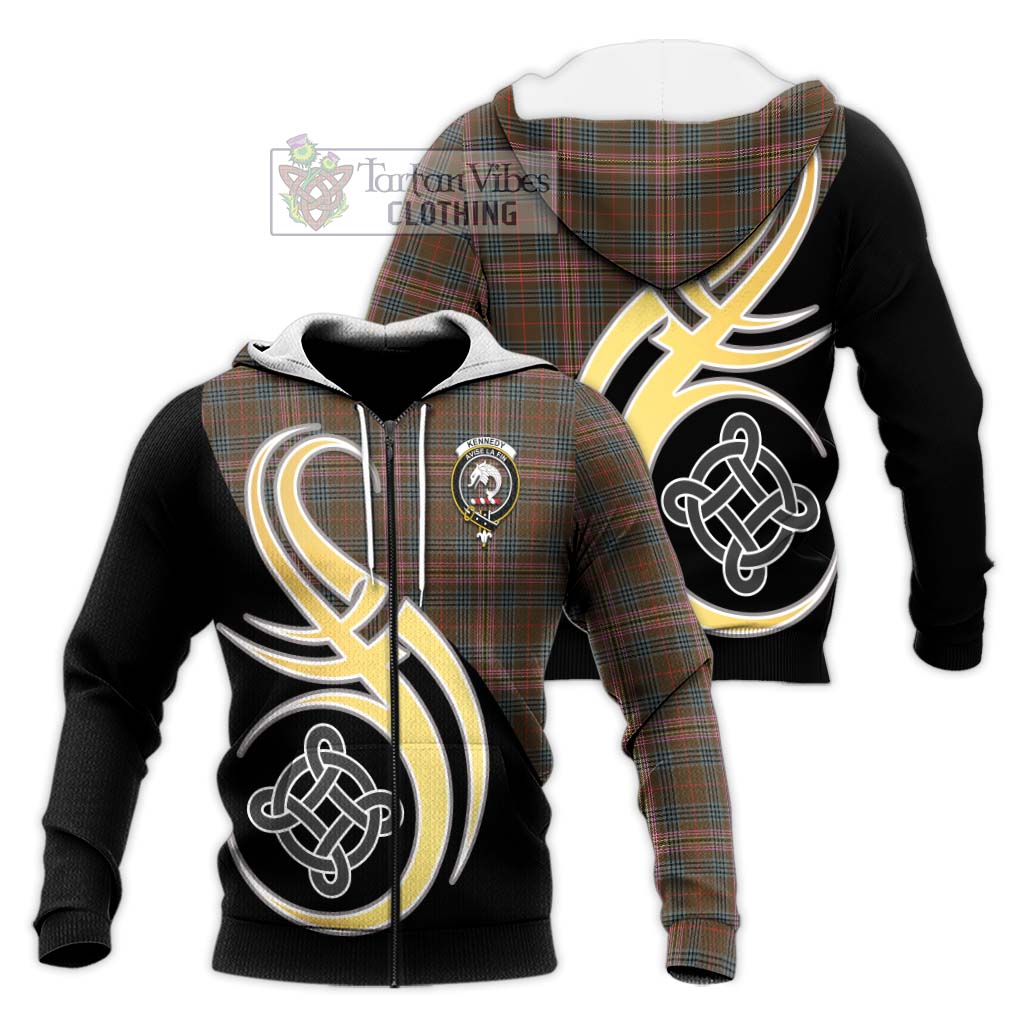 Tartan Vibes Clothing Kennedy Weathered Tartan Knitted Hoodie with Family Crest and Celtic Symbol Style