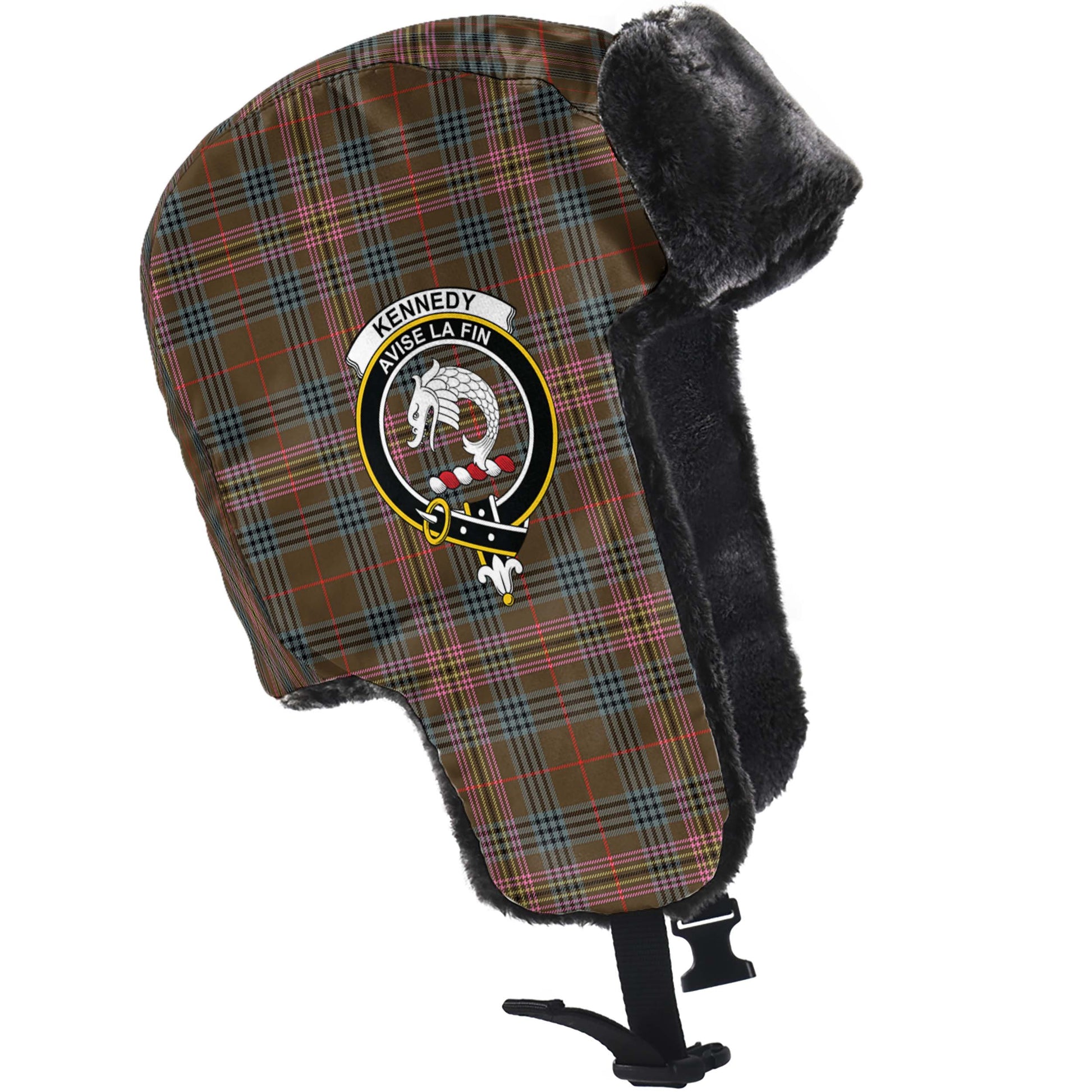 Kennedy Weathered Tartan Winter Trapper Hat with Family Crest - Tartanvibesclothing