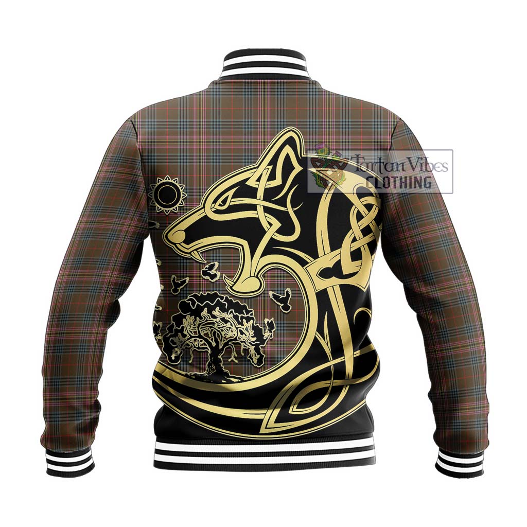 Tartan Vibes Clothing Kennedy Weathered Tartan Baseball Jacket with Family Crest Celtic Wolf Style