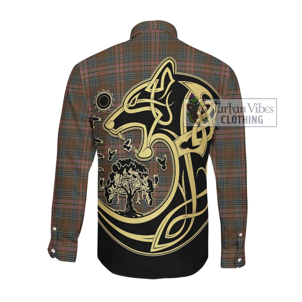 Kennedy Weathered Tartan Long Sleeve Button Shirt with Family Crest Celtic Wolf Style Men's Shirt - Tartan Vibes Clothing