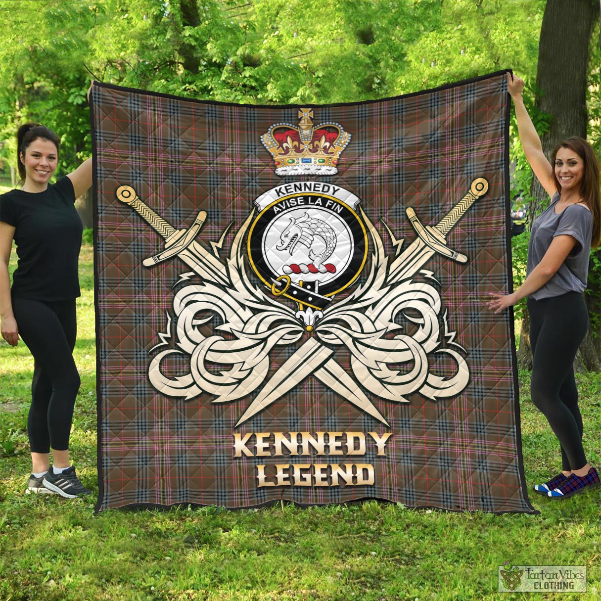 Tartan Vibes Clothing Kennedy Weathered Tartan Quilt with Clan Crest and the Golden Sword of Courageous Legacy