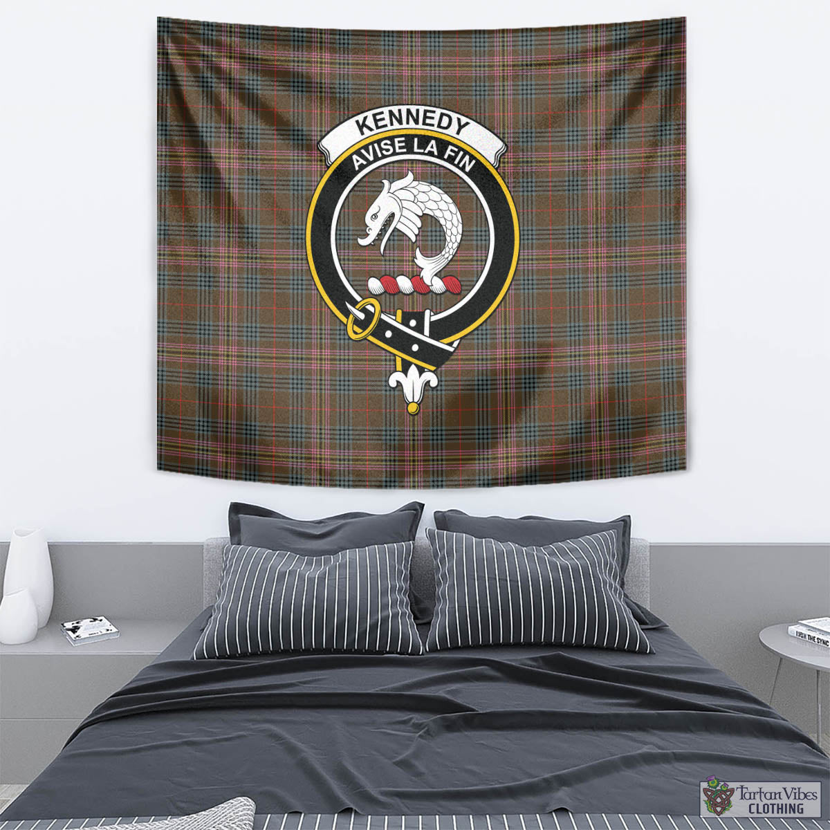 Tartan Vibes Clothing Kennedy Weathered Tartan Tapestry Wall Hanging and Home Decor for Room with Family Crest