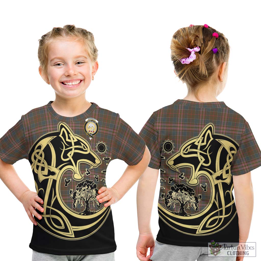 Tartan Vibes Clothing Kennedy Weathered Tartan Kid T-Shirt with Family Crest Celtic Wolf Style