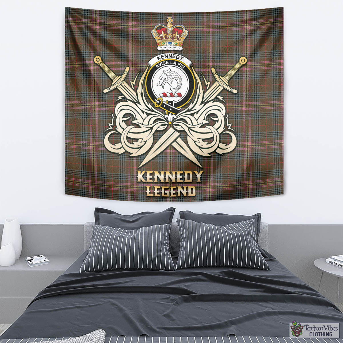 Tartan Vibes Clothing Kennedy Weathered Tartan Tapestry with Clan Crest and the Golden Sword of Courageous Legacy