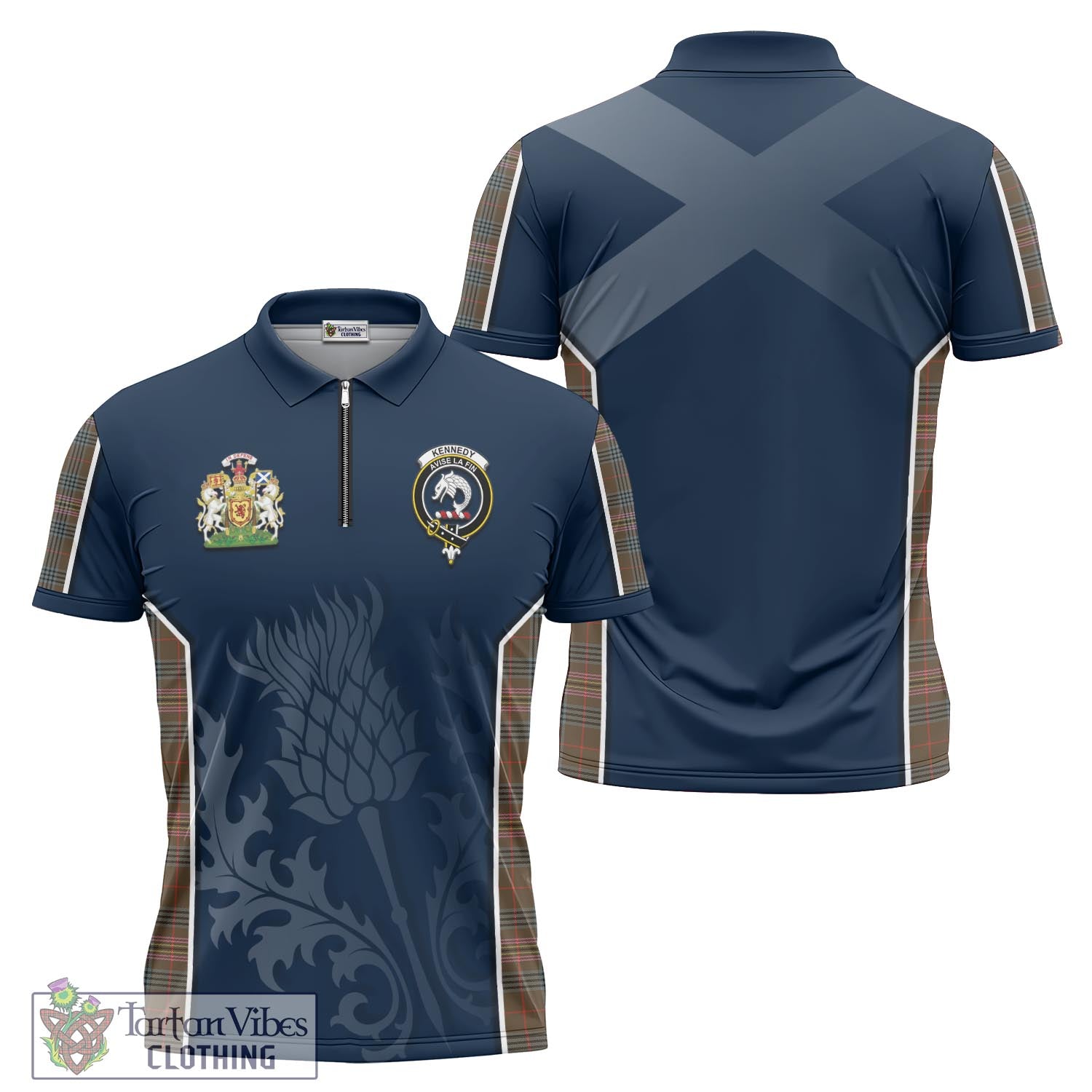 Tartan Vibes Clothing Kennedy Weathered Tartan Zipper Polo Shirt with Family Crest and Scottish Thistle Vibes Sport Style
