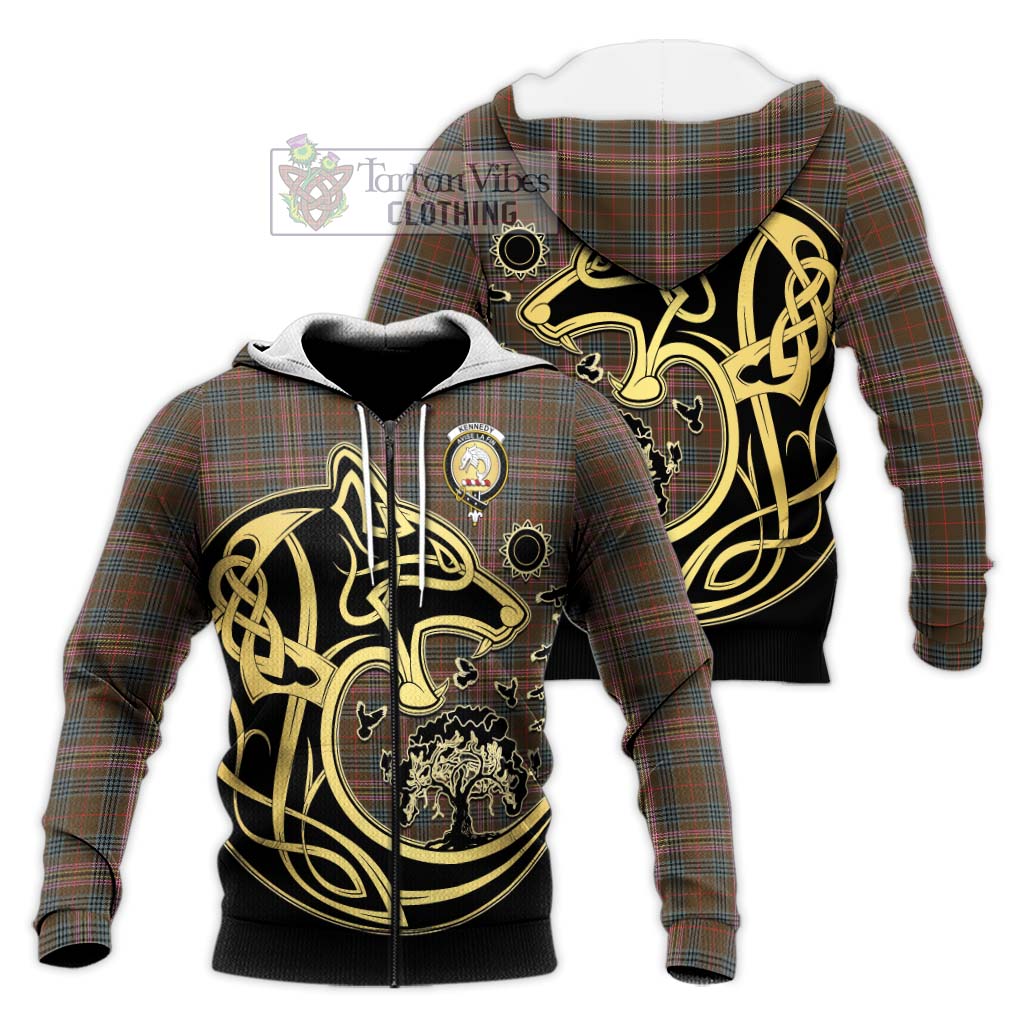 Tartan Vibes Clothing Kennedy Weathered Tartan Knitted Hoodie with Family Crest Celtic Wolf Style