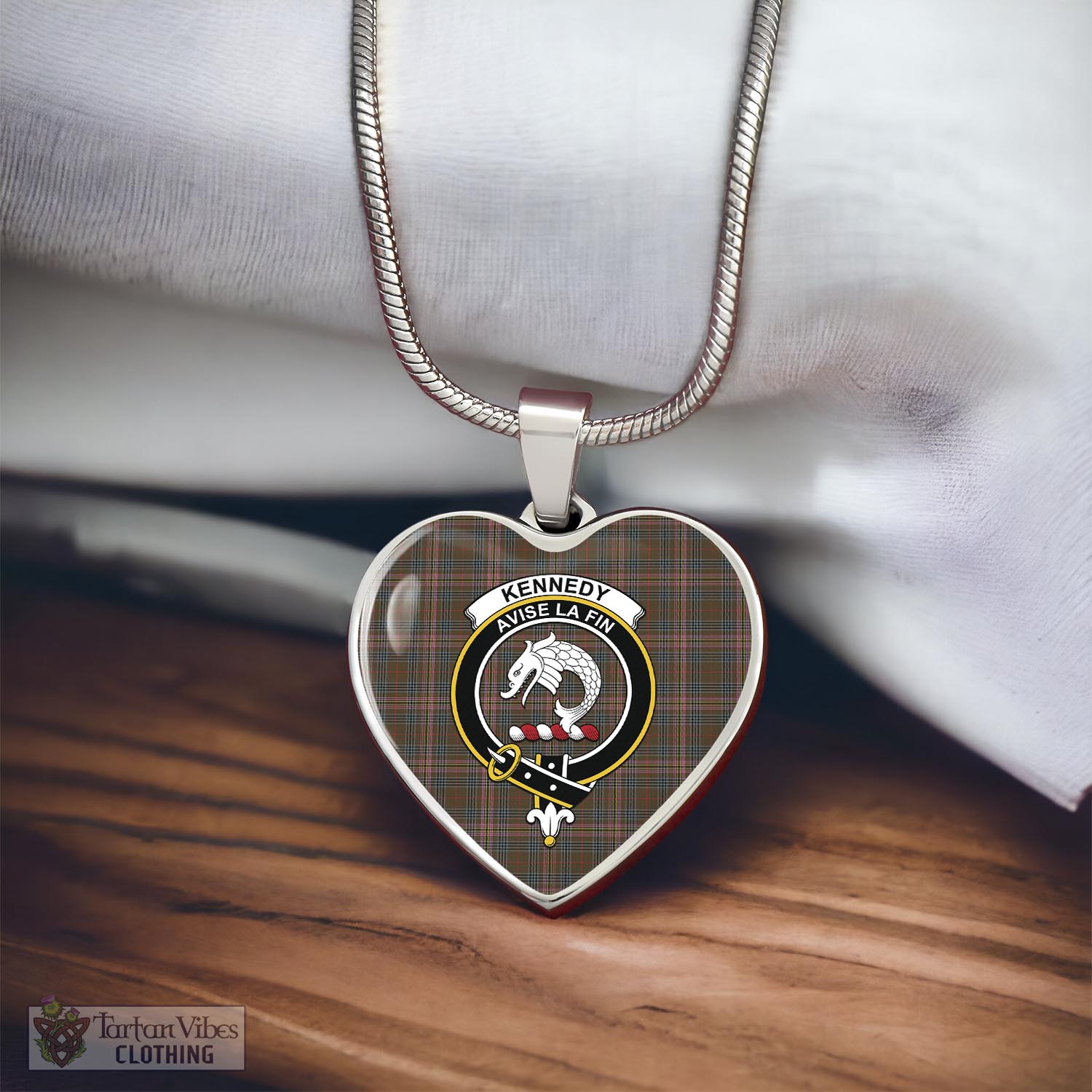 Tartan Vibes Clothing Kennedy Weathered Tartan Heart Necklace with Family Crest