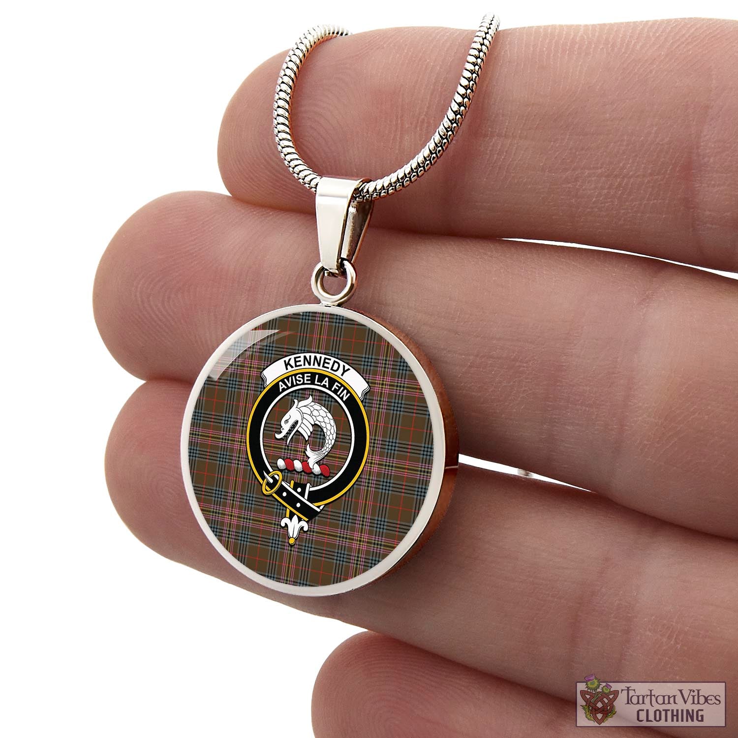 Tartan Vibes Clothing Kennedy Weathered Tartan Circle Necklace with Family Crest